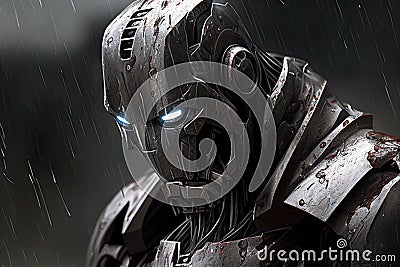 Portrait Of A Sad Iron Robot With Blue Eyes In The Rain. Generative AI Stock Photo