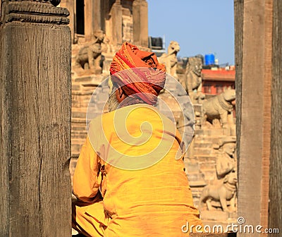 Portrait of sadhu with orange clothes, Nepal Editorial Stock Photo