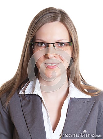 Portrait of a saleswoman with eyeglasses in a grey jacket Stock Photo
