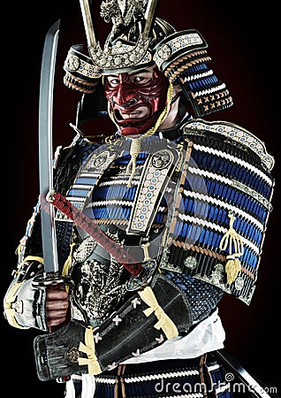 Portrait of a Samurai Japanese warrior wearing traditional light armor and wielding a katana. Stock Photo