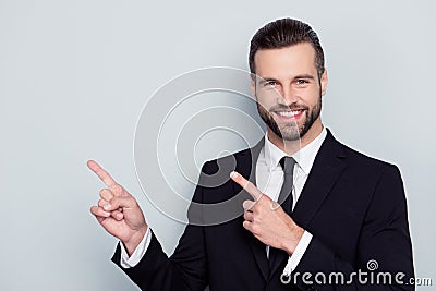 Portrait of satisfied stylish trendy fashionable cheerful excite Stock Photo