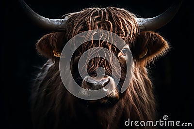 Portrait of scottish highland cow. Generative AI Stock Photo
