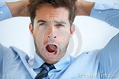 Portrait, screaming and business with man, frustrated and emoji with professional, angry and stress in a workplace. Face Stock Photo
