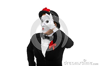 Portrait of the searching mime with hand Stock Photo