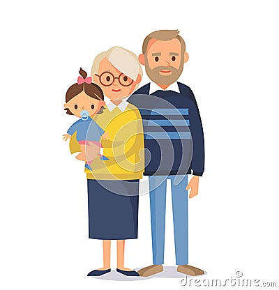 Portrait of senior couple grandparents with grandchild. Grandma grandpa with granddaughter. Vector Illustration