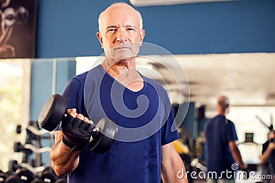 A portrait of senior man in the gym training with dumbbells. People, health and lifestyle concept Stock Photo