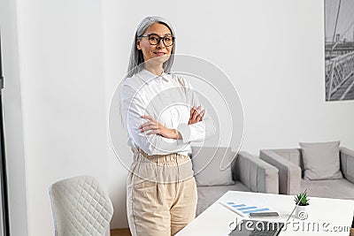 Portrait of a senior mature gray-haired female professional, leader, coach, elder businesswoman in glasses standing with Stock Photo