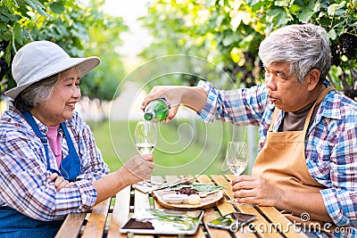 Portrait of senior winemaker holding in his hand a glass of new white wine. Smiling happy elderly couple enjoying a picnic Stock Photo