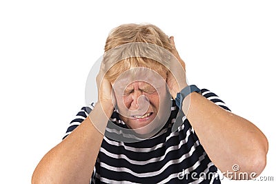 Portrait senior woman with noise disturbance Stock Photo