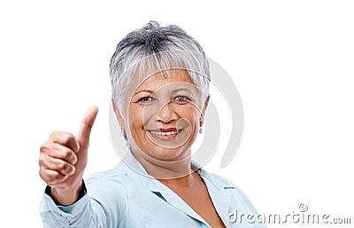 Portrait, senior woman and thumbs up for feedback, support and model isolated on white studio background. Face, mature Stock Photo