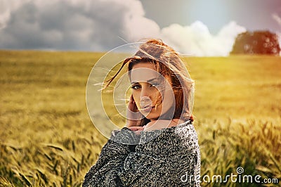 Portrait of sensual young red hair woman on breathtaking view of Stock Photo