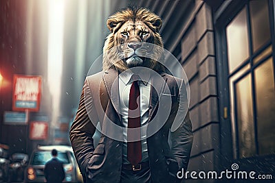 Portrait of a serious business lion on a city street. Generative ai Stock Photo