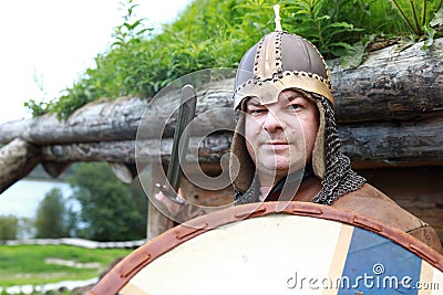 Serious man in Viking Armor Stock Photo