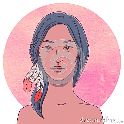 Portrait of serious young native girl Vector Illustration