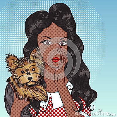 Portrait of african american girl with little dog Yorkshire Vector Illustration