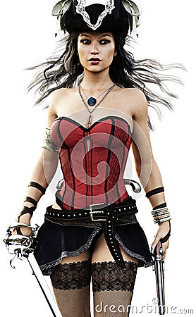 Portrait of a Pirate female walking toward the camera wearing a corset,stalkings and skirt with pistol and sword. Stock Photo