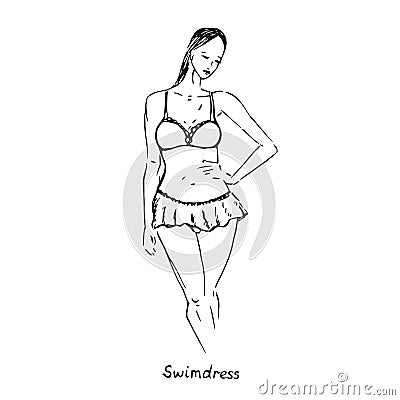 Portrait of sexy retro pin up girl in swimdress type of swimsuit with inscription, hand drawn outline doodle, sketch Vector Illustration