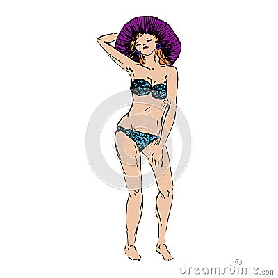 Portrait of sexy retro pin up red hair girl in blue bandeau swimsuit and purple wide brim hat standing and posing, hand drawn Vector Illustration