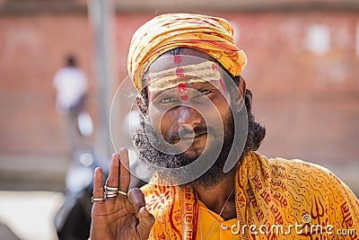 Portrait of Shaiva sadhu, holy man in Pashupatinath Temple, Kathmandu. Nepal Editorial Stock Photo