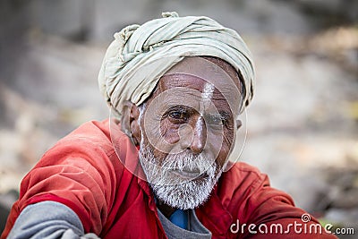 Portrait of Shaiva sadhu, holy man in Pashupatinath Temple, Kathmandu. Nepal Editorial Stock Photo