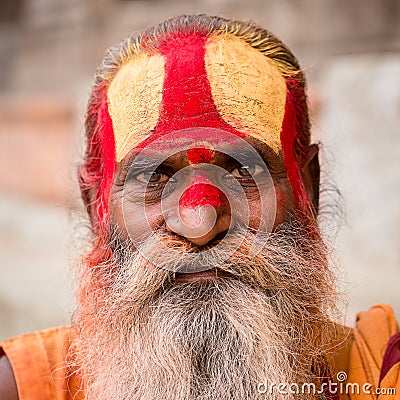 Portrait of Shaiva sadhu, holy man in Pashupatinath Temple, Kathmandu. Nepal Editorial Stock Photo