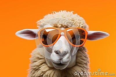 Portrait Sheep With Sunglasses Orange Background Stock Photo