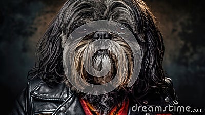 A Shih tzu Dog hairy wearing a leather jacket. Generative Ai Stock Photo