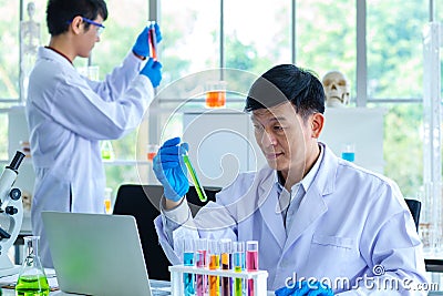 Portrait shot of Asian professional mature male scientist in white lab coat and rubber gloves sitting look at camera smiling Stock Photo