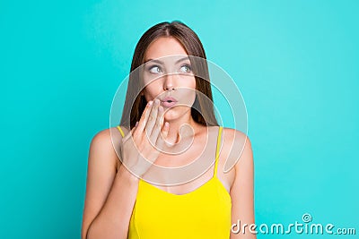 Portrait of shy amazed nice attractive cute straight-haired girl Stock Photo