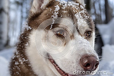 Portrait siberian husky dog on the winter background while walking in nature. Snow-covered muzzle close up. Stock Photo