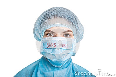 Portrait of sick woman wearing medical uniform and mask with SARS virus word isolated on white background. and health Stock Photo