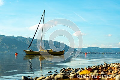 Anchoring sailboat in lake constance Editorial Stock Photo