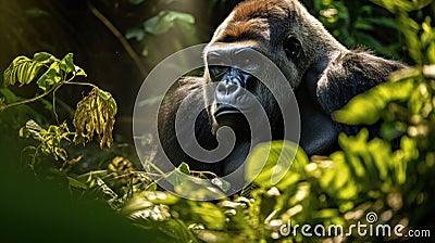 Portrait of sitting gorilla in wilderness. Generative AI Stock Photo