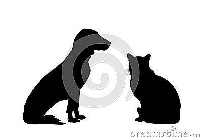 Portrait of sitting pets, domestic dog and cat vector siilhouette illustration isolated on white Vector Illustration