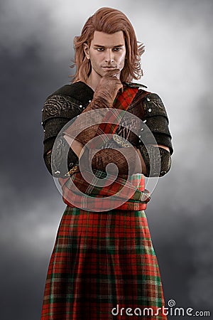 Portrait of a thoughtful looking handsome Scottish Highland Warrior in red kilt Cartoon Illustration