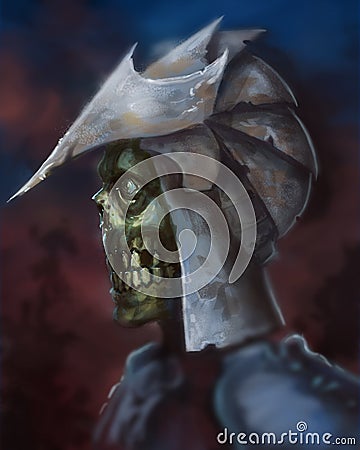 Portrait of a skeleton warrior wearing medieval helmet dramatic light - digital fantasy painting Cartoon Illustration