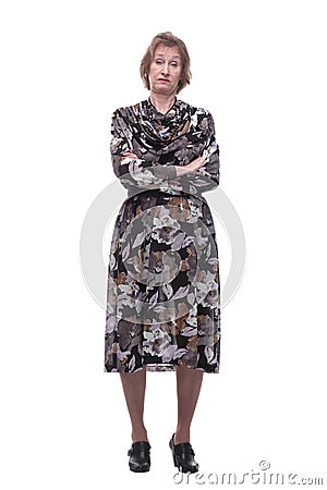 Portrait of skeptical, serious senior mature woman looking suspicious, disapproval on face, arms crossed folded Stock Photo