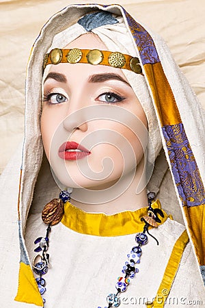 Portrait of slavic women from the past. National vintage clothing Stock Photo