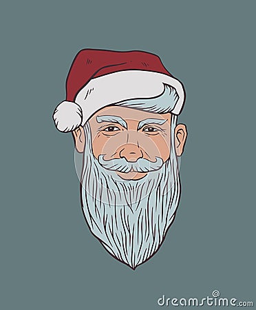 Portrait of a Sly Smiling Gray-Bearded Man in a Santa Claus Hat Vector Illustration