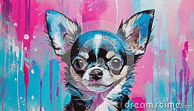 Portrait of a small Chihuahua dog painted with acrylic paint, graphic style, violet, pink Stock Photo