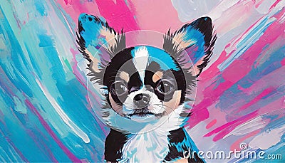 Portrait of a small Chihuahua dog painted with acrylic paint, graphic style, violet, pink Stock Photo