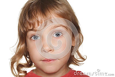 Portrait small child in a red t-shirt, amaze Stock Photo