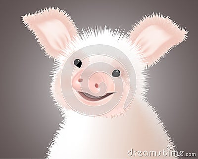 Portrait of small Furry Pink Cute smiling Piggy. Vector illustration Cartoon Illustration