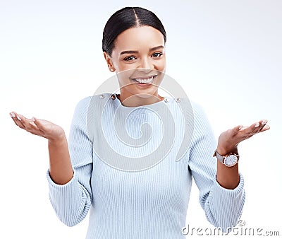 Portrait, smile and woman shrugging in studio for decision, unsure and deciding against white background. Face, emoji Stock Photo