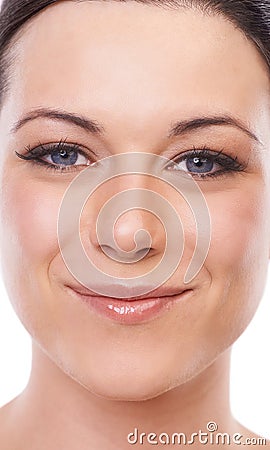 Portrait, smile and woman in studio for makeup, wellness or cosmetics, treatment or glamour closeup. Face, beauty and Stock Photo