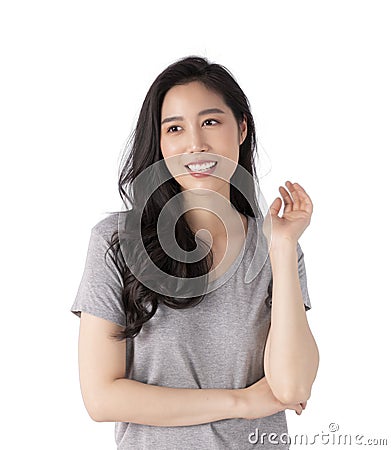 Portrait of a smiling Asian business woman looking at camera isolated over white background. Happy Young Asian Woman with blank co Stock Photo