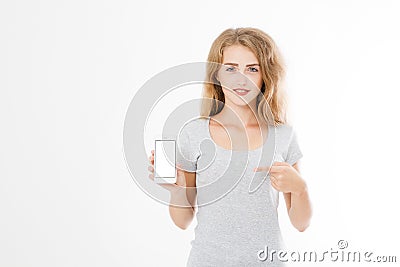 Portrait of smiling attractive, pretty, brunette woman, girl in shirt, pointing. Teen businesswoman. Confident young manager. Copy Stock Photo