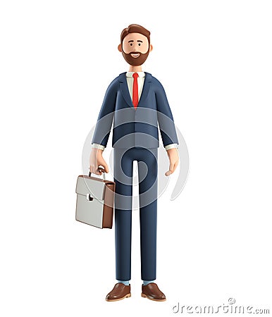 Portrait of smiling bearded businessman. 3D illustration of cartoon standing male character in suit with bag, isolated on white Cartoon Illustration