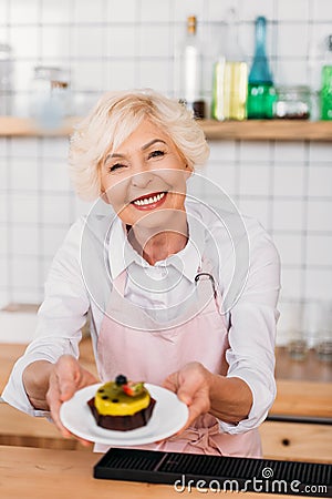 portrait of smiling coffee shop worker in apron holding plate with dessert Stock Photo