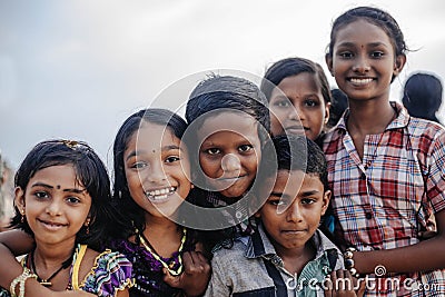 Portrait smiling indian children on Varkala during puja ceremony Editorial Stock Photo